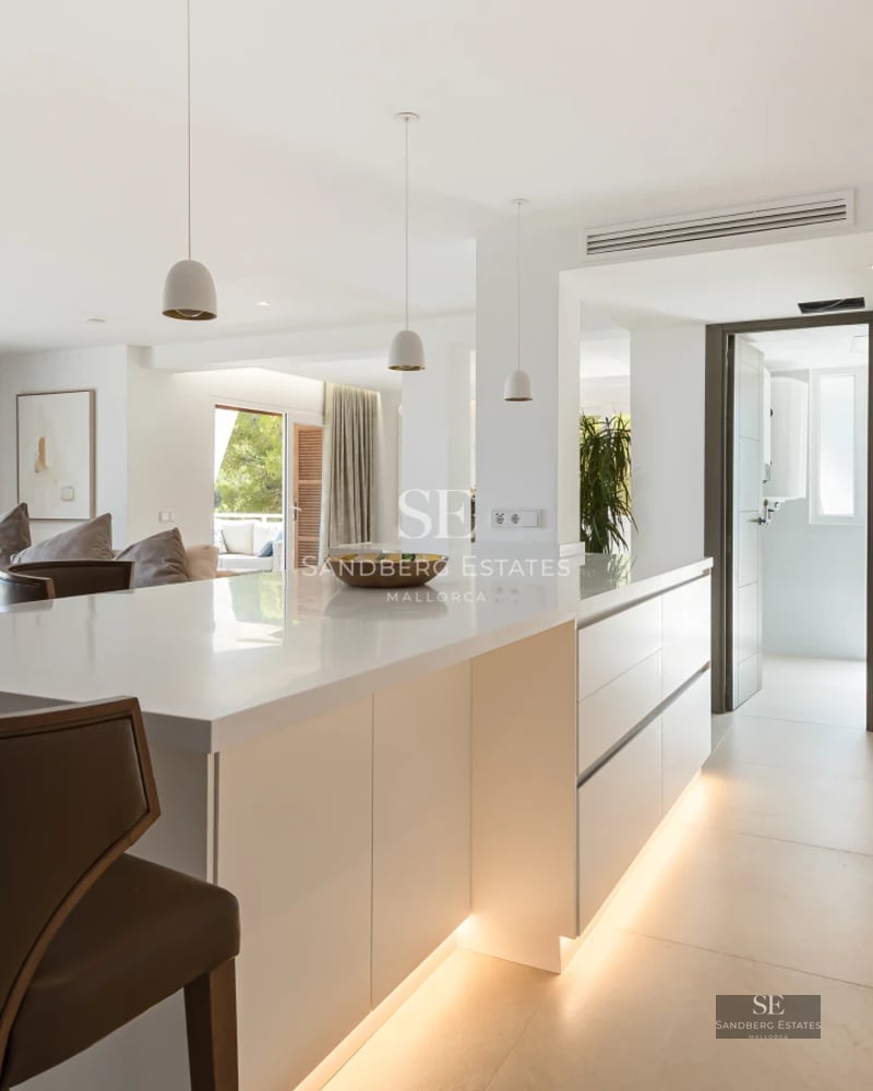 View of modern villa with infinity pool, sun loungers, and large garden. Minimalist architecture and natural light.