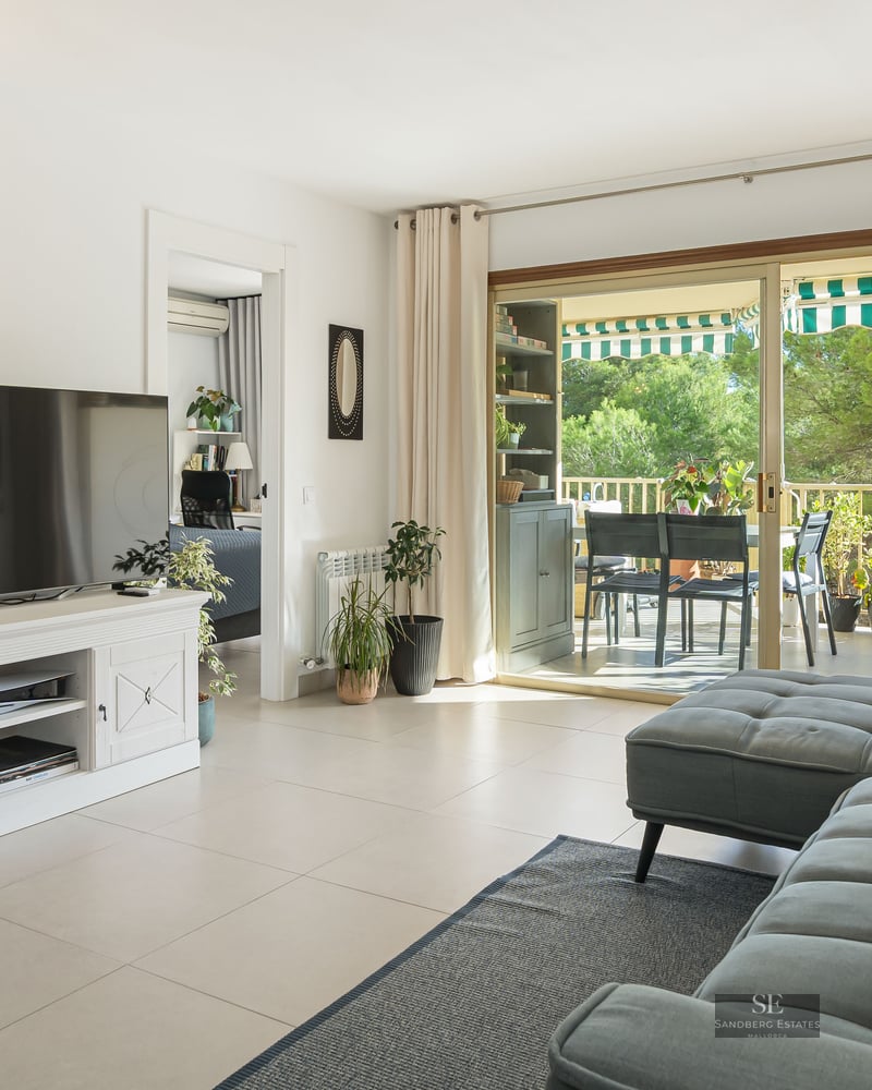 Salon spacieux avec canapé gris, télévision sur meuble blanc et baies vitrées ouvrant sur une terrasse verdoyante.