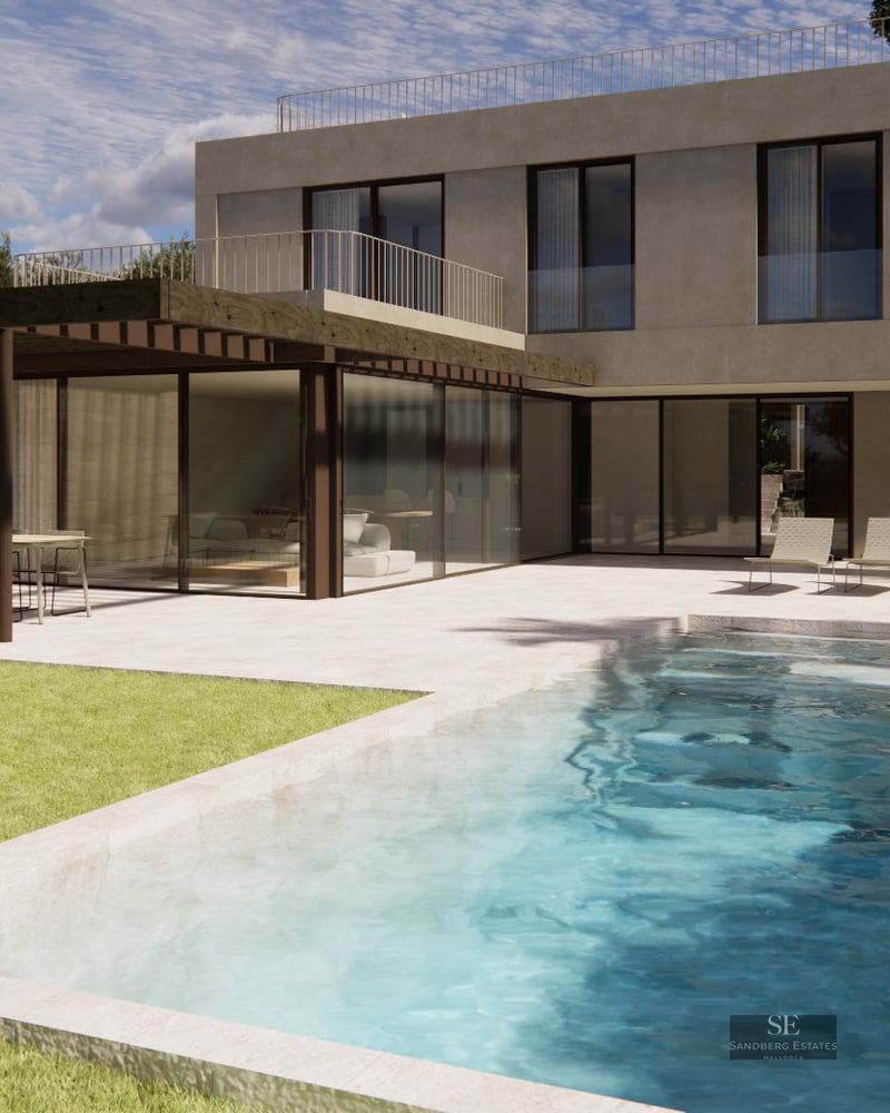 Rectangular blue swimming pool next to a modern two-story villa with a wooden pergola and green lawn.