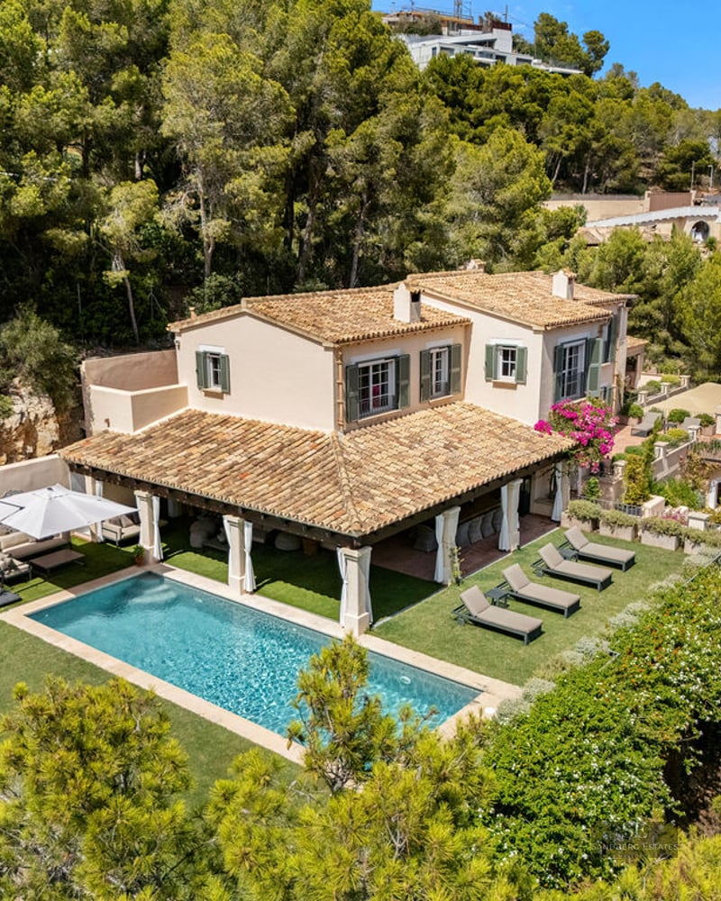 Aerial view of a luxury villa featuring a turquoise pool, sun loungers, and a shaded terrace surrounded by pine trees.
