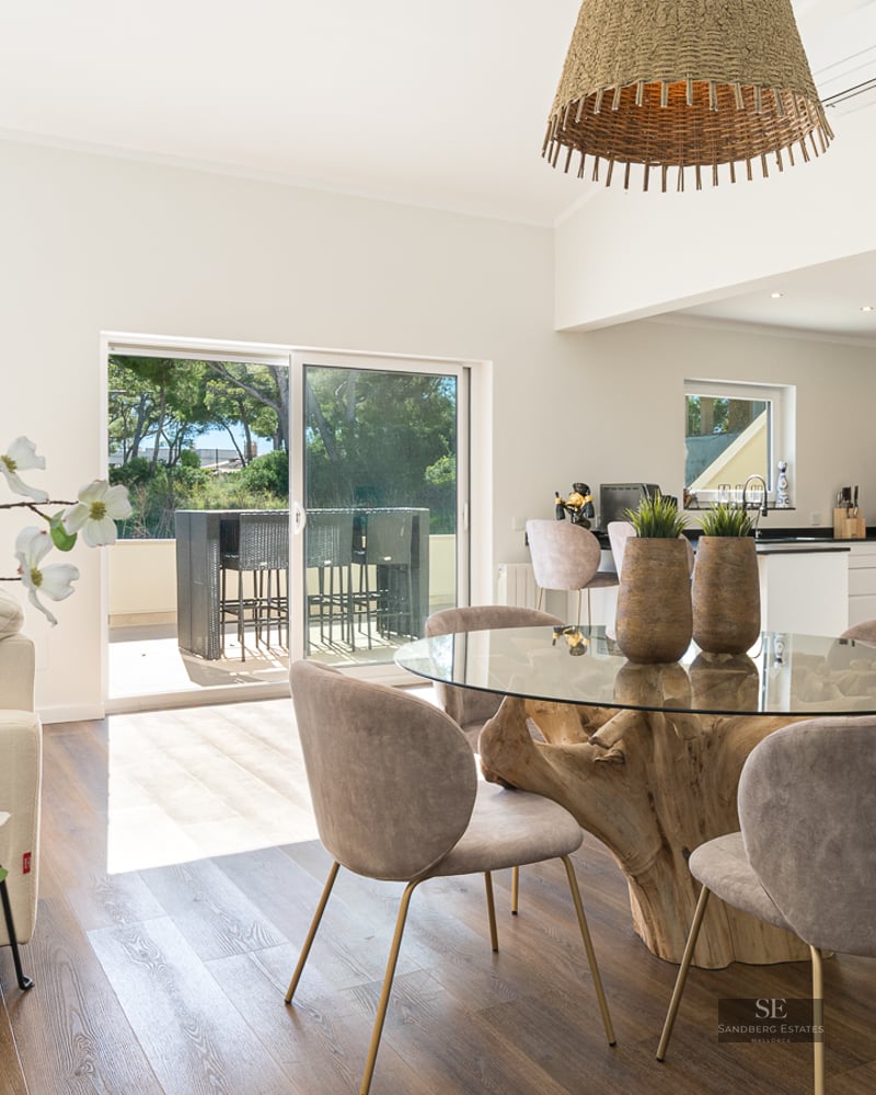 Pièce lumineuse à aire ouverte avec table à manger en verre sur socle en racine, chaises taupe et terrasse ensoleillée.