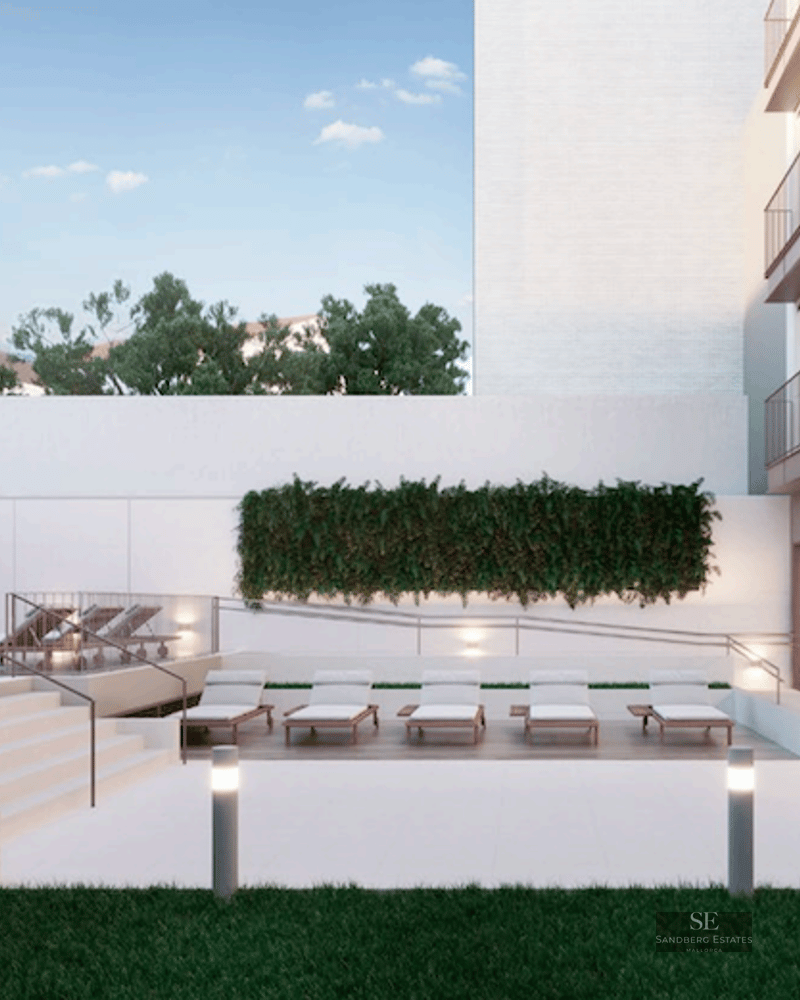 Modern outdoor terrace with sun loungers, a small pool, lawn area, and a view into a glass-walled indoor gym.