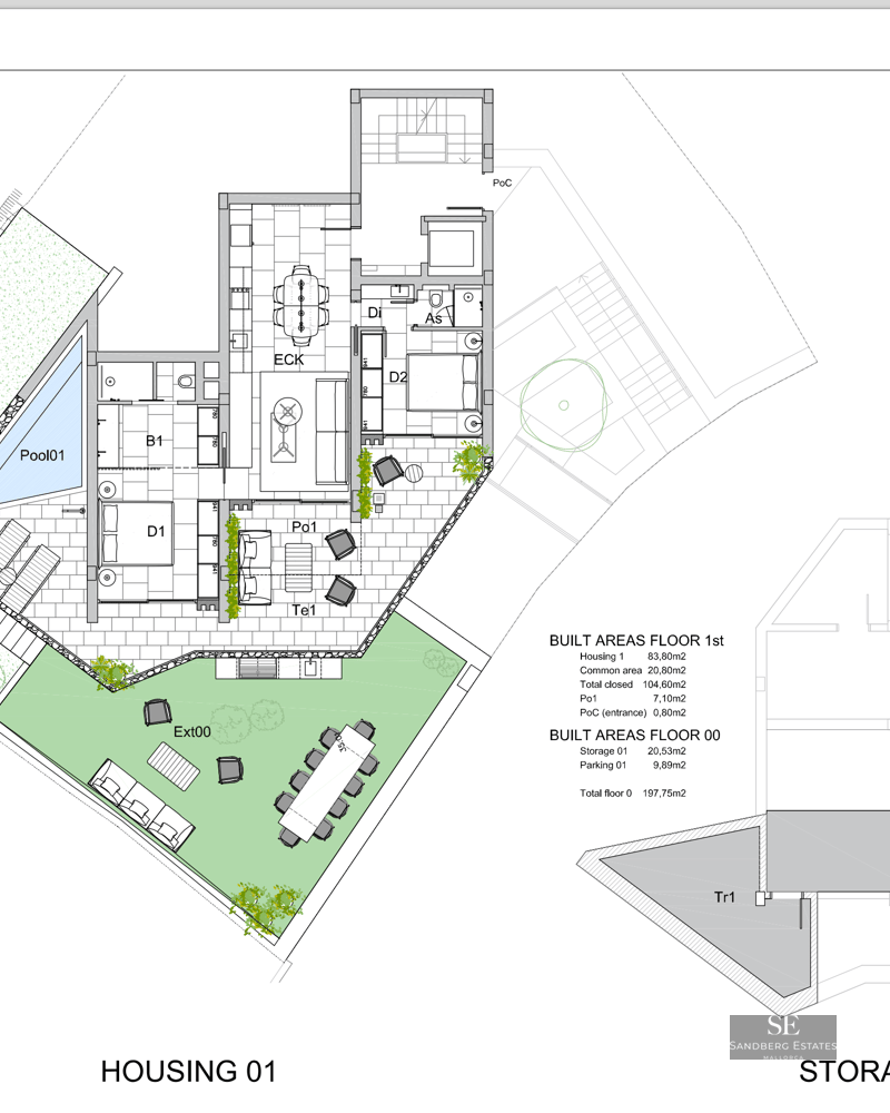 Detailed architectural floor plan showing interior rooms, outdoor garden, pool, and parking layout.