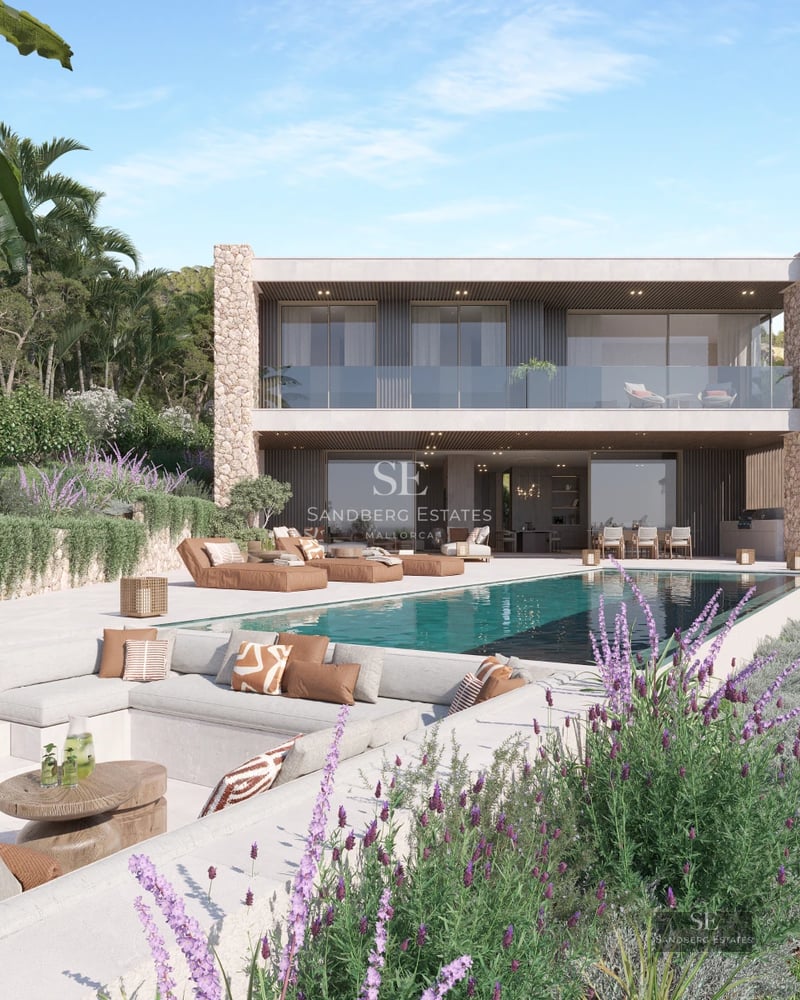 Exterior of modern villa featuring an infinity pool, lush garden, expansive terraces, and panoramic views. Minimalist and elegant architecture.