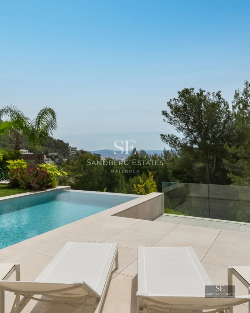 Aerial view of modern villa with infinity pool, wooden deck, large windows, and lush garden. High-end architectural design.