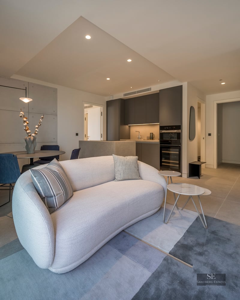 Modern living room with a curved white sofa, blue rug, and dining table, adjacent to a dark grey kitchen.