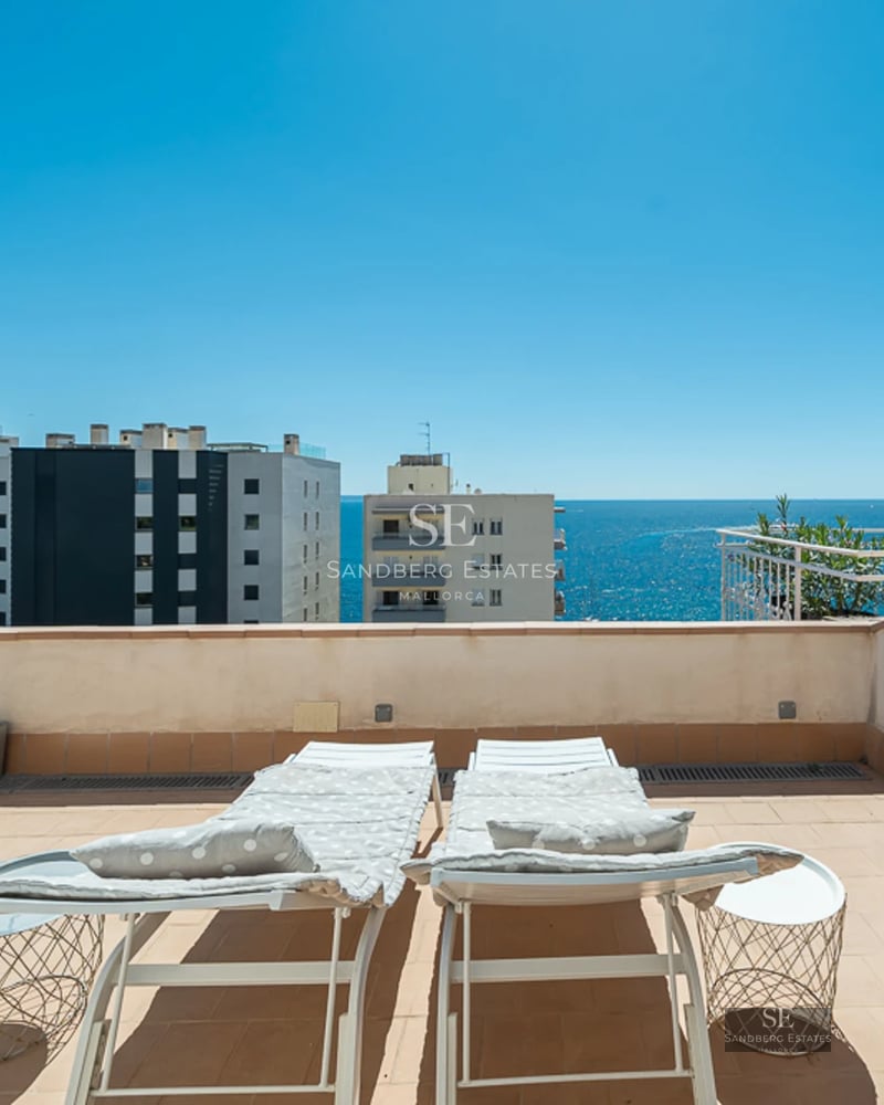 Bright living room with fireplace, large windows, modern furniture, and access to terrace with views. Elegant and contemporary design.