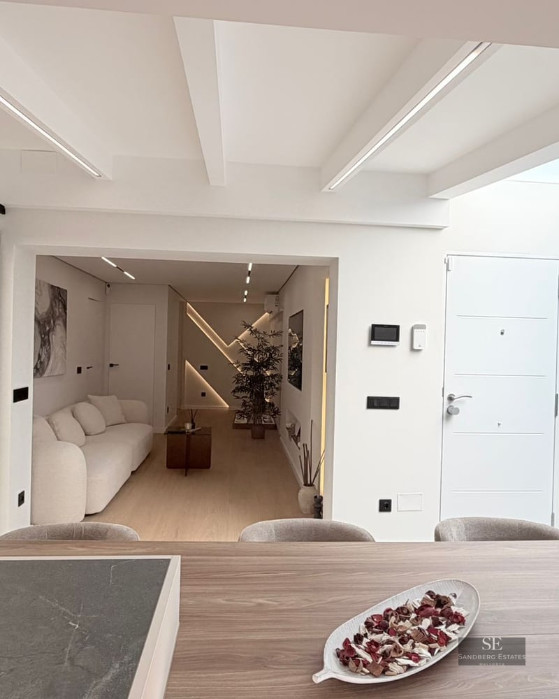 Bright modern interior featuring a white sofa, wood textures, and a skylight illuminating the living and entrance area.