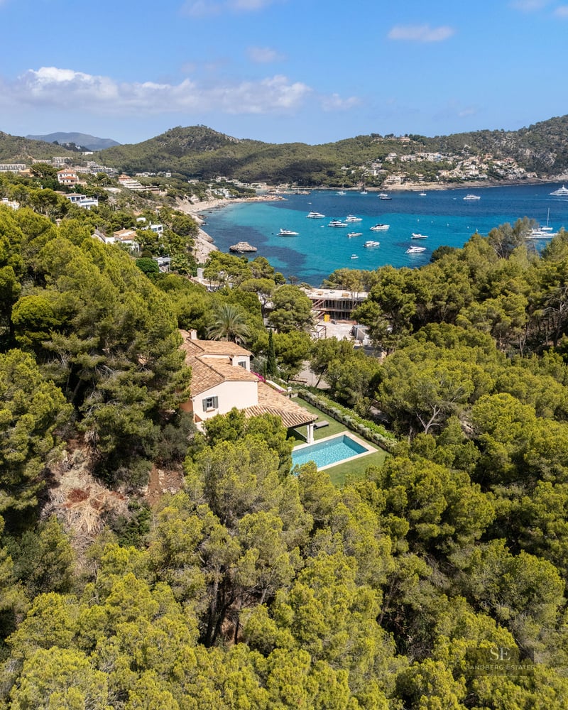 Aerial view of a terracotta-roofed villa with a private pool surrounded by a dense pine forest overlooking a turquoise bay.