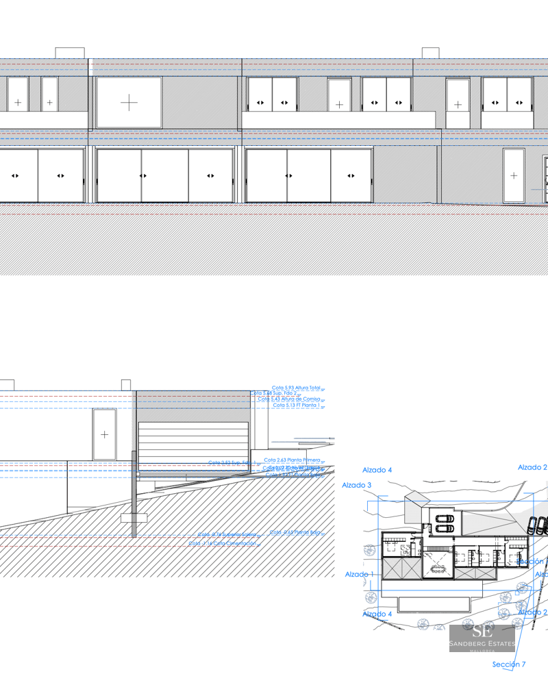 Dessin technique montrant les élévations et le plan de masse d'une résidence contemporaine à deux niveaux.