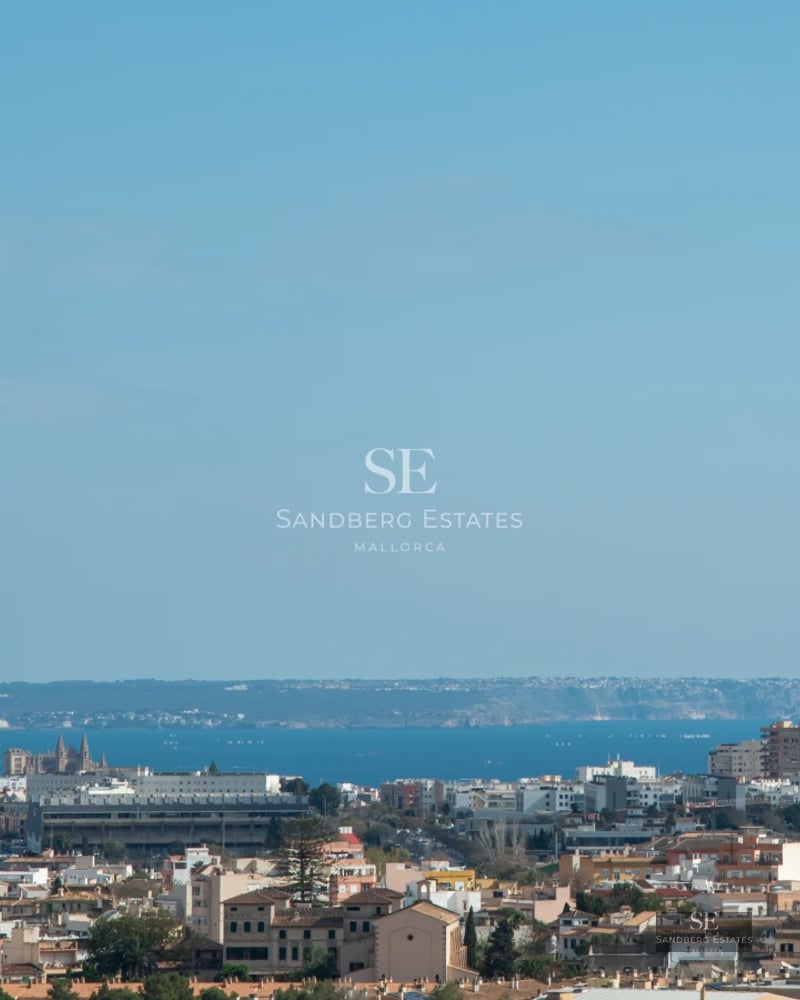 Spacious living room with floor-to-ceiling windows, light wood flooring, fireplace, and sea view. Modern design with minimalist furniture.