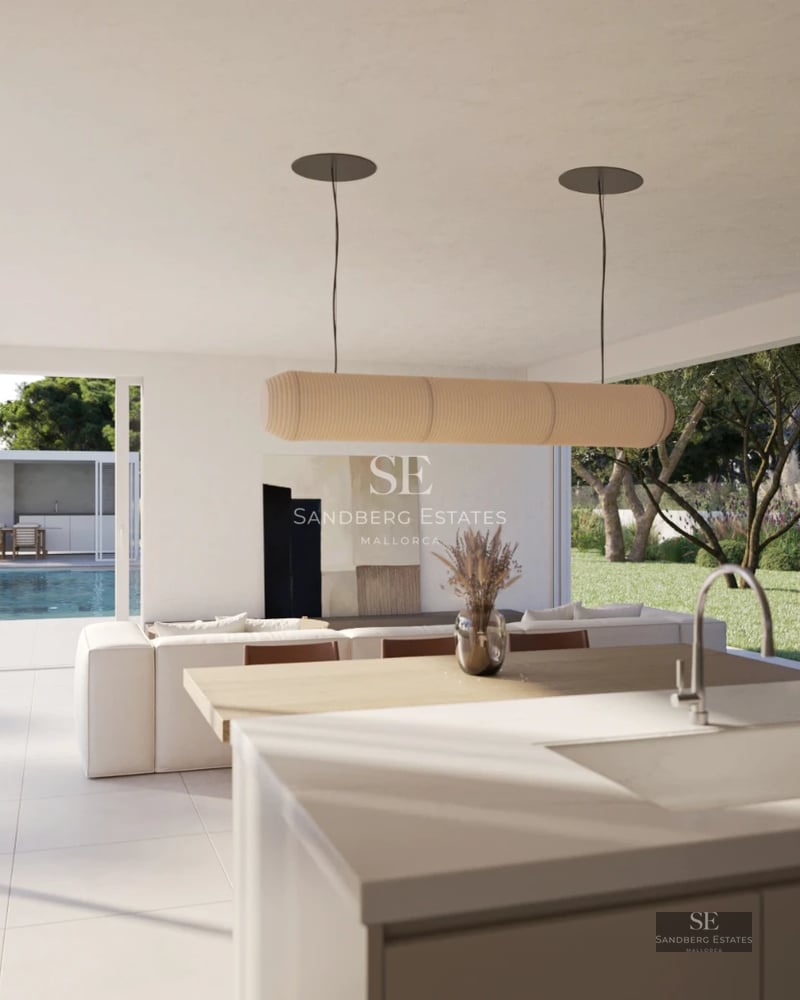 Exterior of modern villa with infinity pool, lush garden, large terraces and minimalist design. Contemporary architecture.