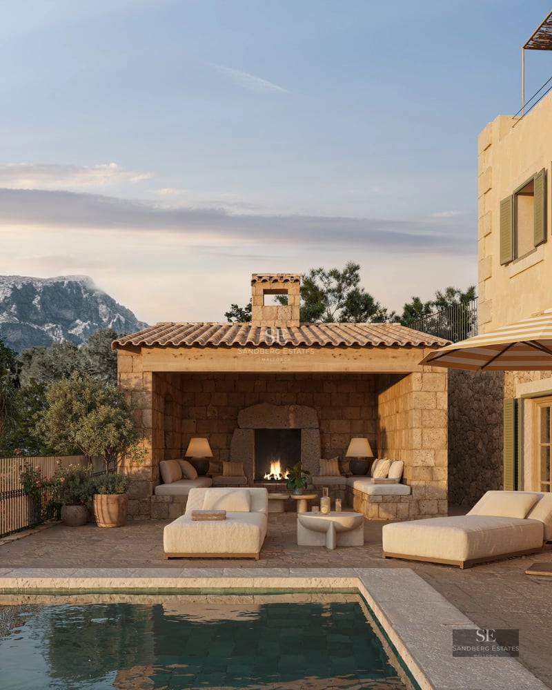 Modern facade with pool and lush garden. Large windows, minimalist design and high-quality finishes. Luxury and comfort.