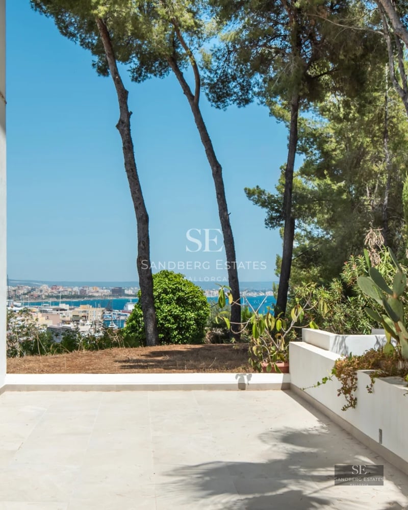 Exterior view of a modern villa with a pool. Minimalist design, large windows, and lush garden. Ideal for families.