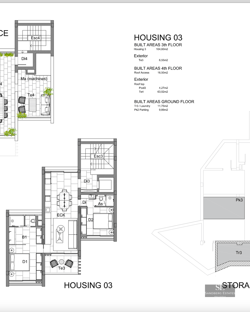 Architectural floor plan showing a multi-level layout for Housing 03, featuring a roof terrace with a pool.