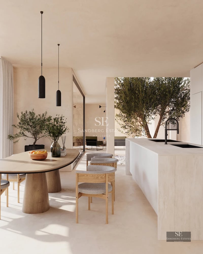 Spacious terrace with infinity pool, sea views, and modern furniture. Minimalist design with wood and natural stone accents.