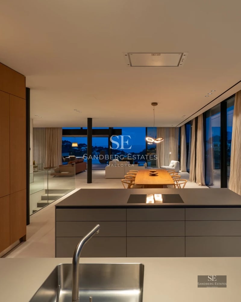 Exterior view of a modern house with a pool, landscaped garden, and large windows. Minimalist architecture with luxurious finishes.