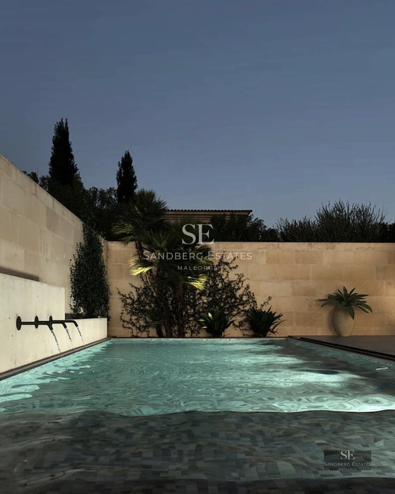 Exterior view of a modern villa featuring a reflecting pool, large windows, and lush garden. Minimalist architecture.