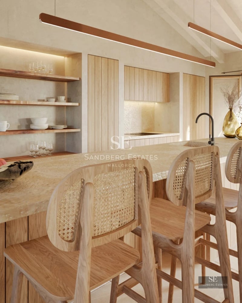 Spacious living room with floor-to-ceiling windows, modern sofas, coffee table, rug, and views of the pool and garden. Elegant and bright design.