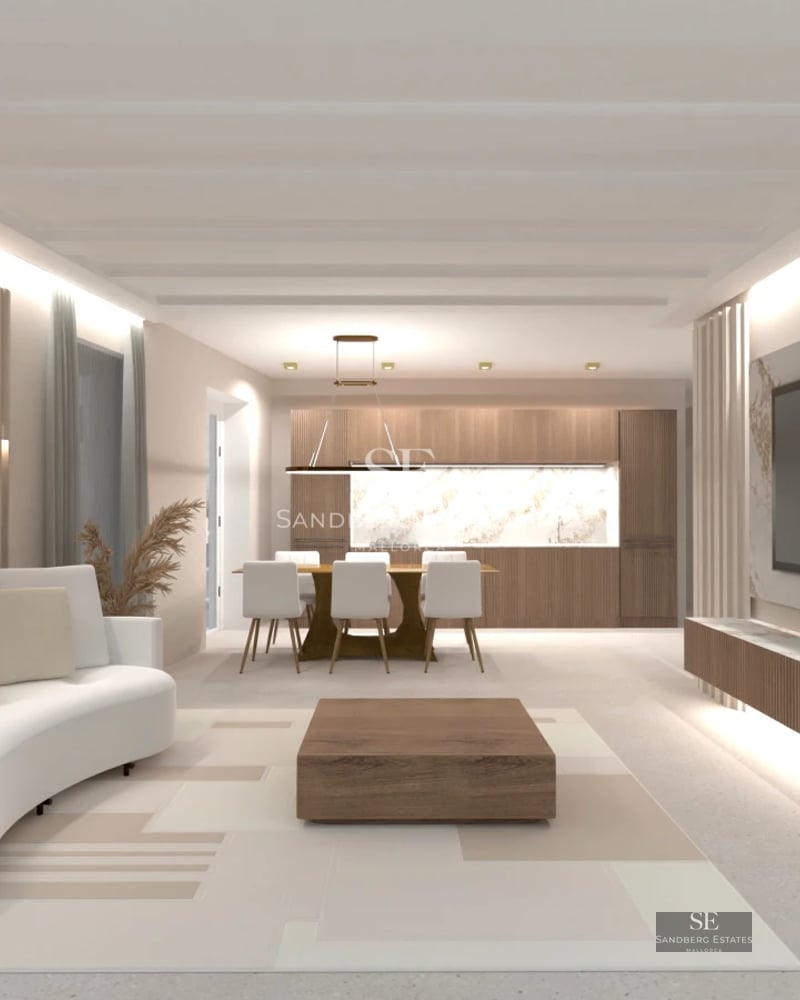 Spacious living room with balcony and view. Floor-to-ceiling windows, modern furniture, neutral color palette, abundant natural light.