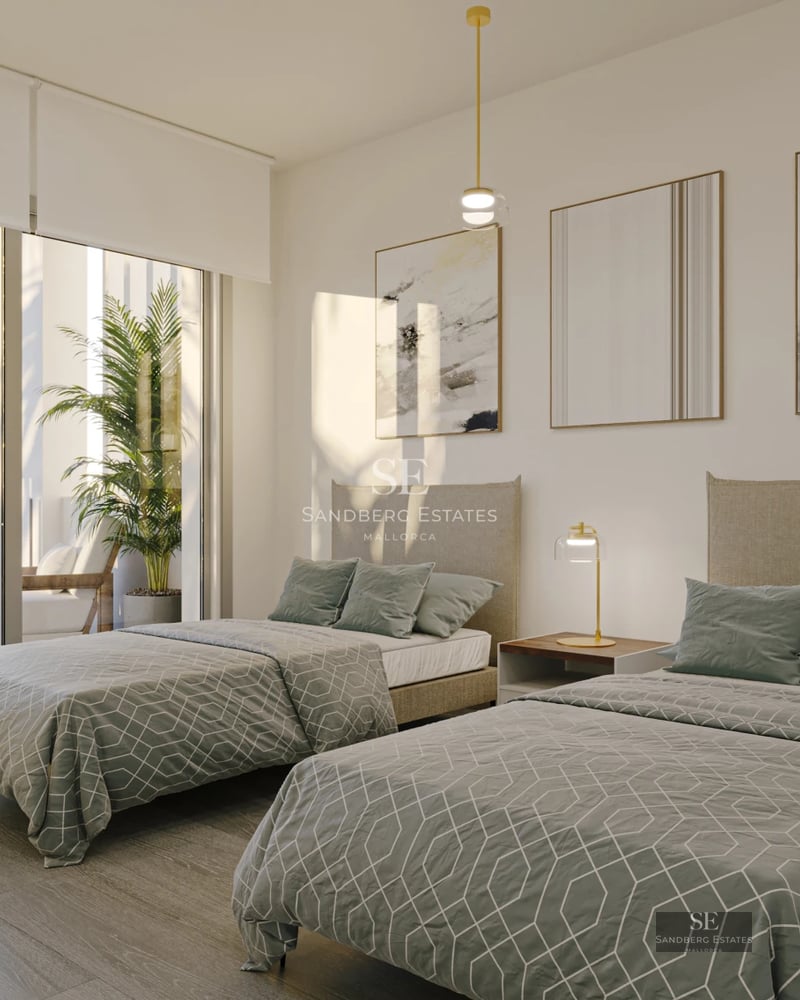 Spacious living room with large windows, outdoor pool, light wood floors and modern design. Abundant natural light.