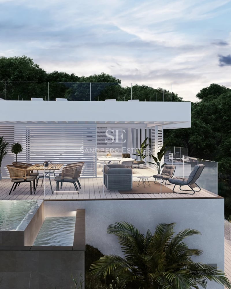 Exterior view of a modern villa with pool, expansive terraces, and lush garden. Sleek and minimalist architectural design.