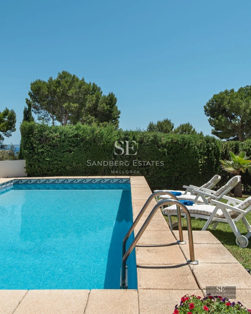 Exterior view of a modern villa with pool, garden and large windows providing ample natural light. Minimalist architectural design.