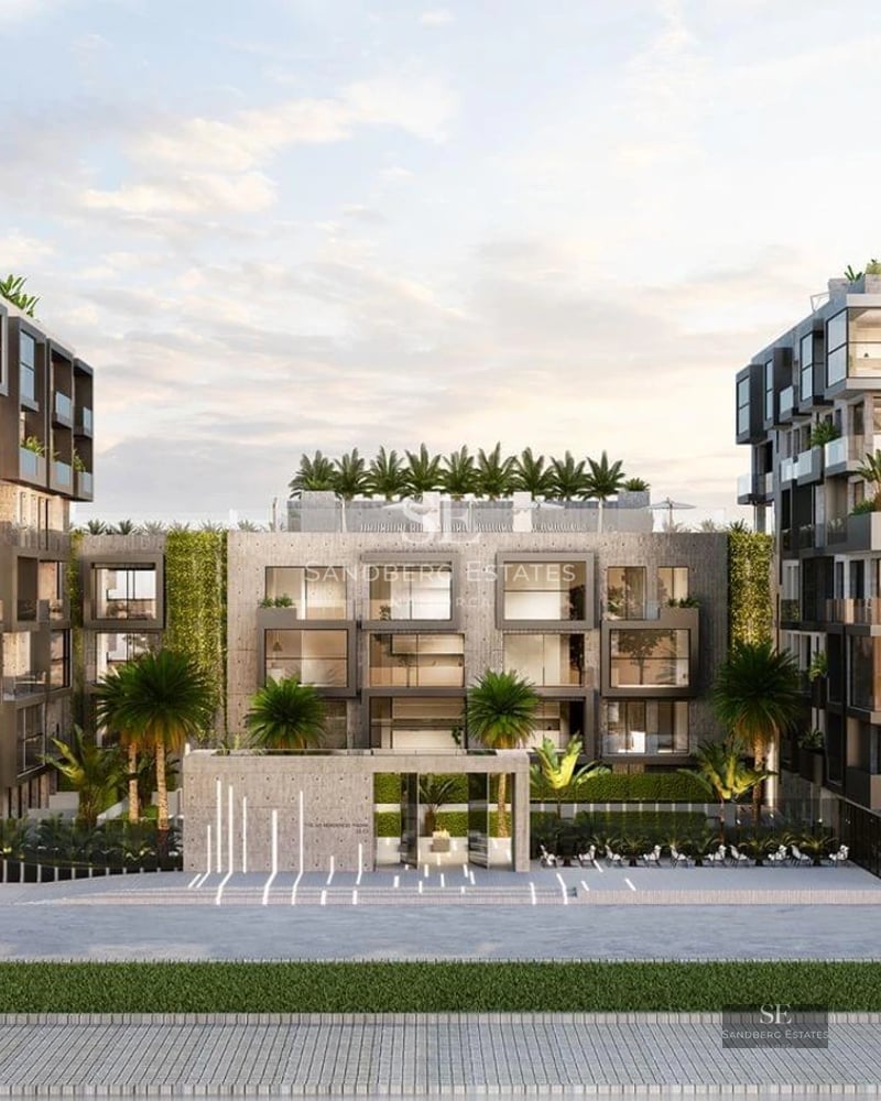 Exterior of a modern villa with an infinity pool, large windows, and lush gardens. Minimalist and elegant architectural design.