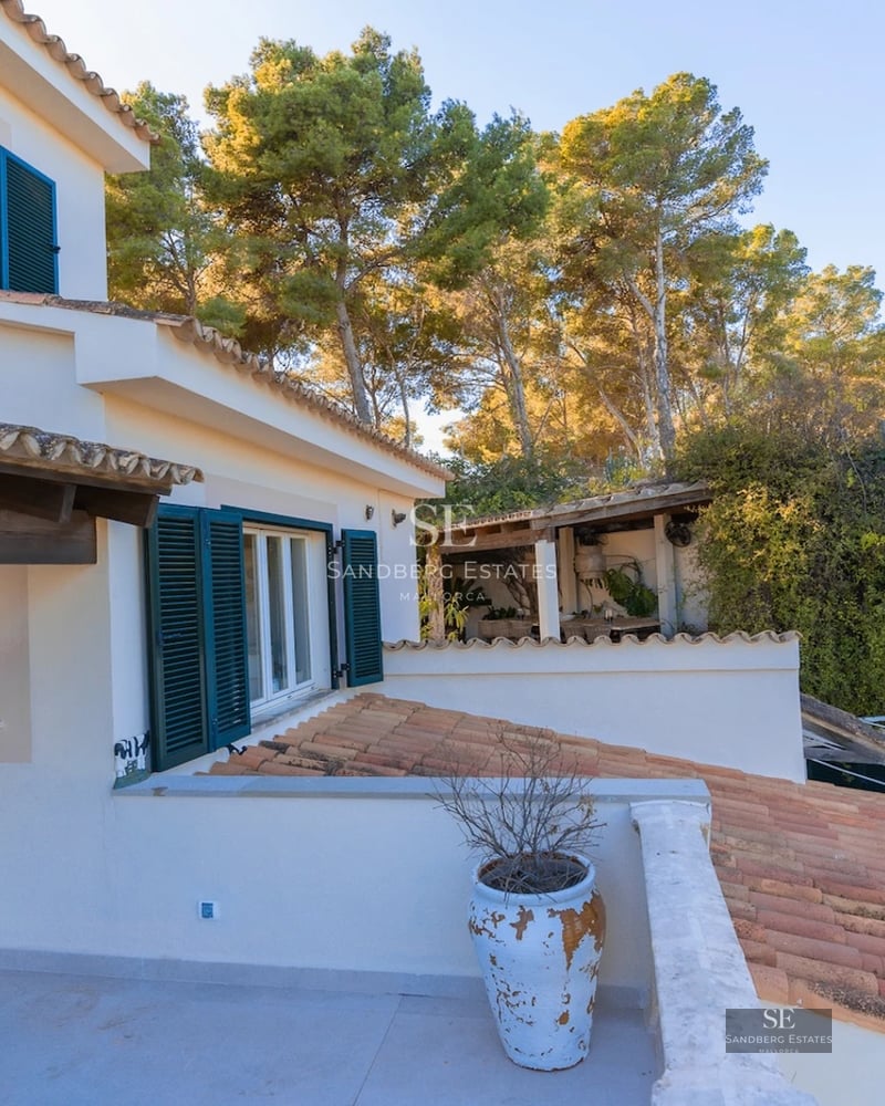 Exterior view of a modern villa with an infinity pool, lush garden, and expansive terraces. Minimalist architectural design.