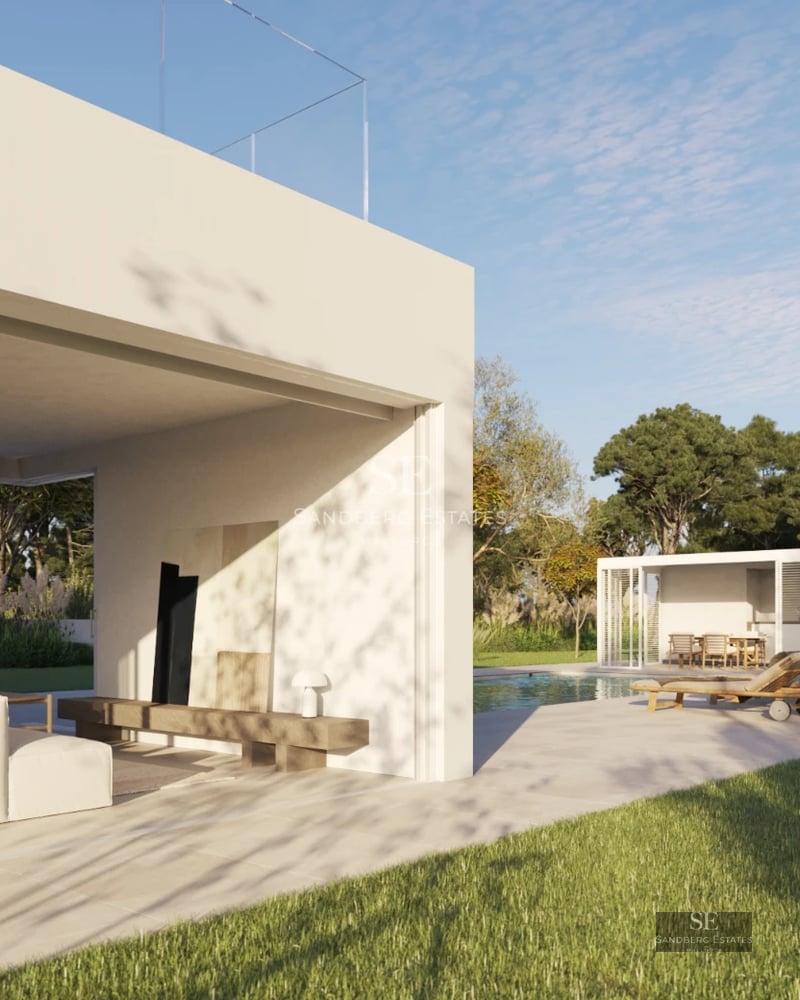 Exterior view of a luxurious villa with a pool. Modern architecture with large windows and lush gardens.