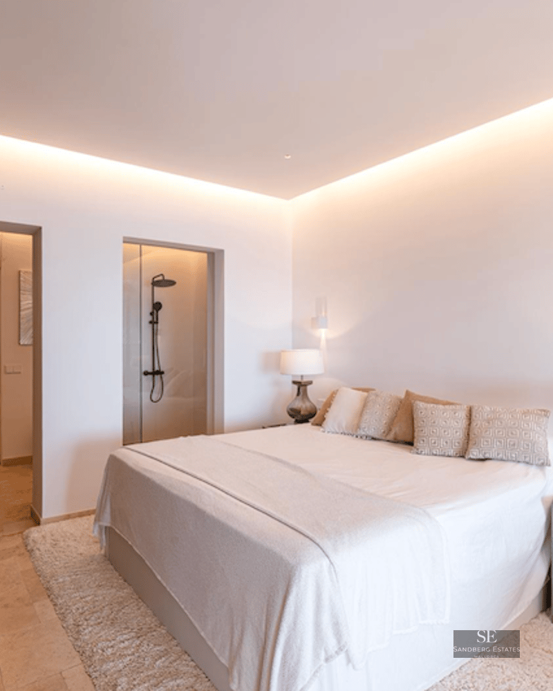 Luxury master bedroom featuring a large bed, warm cove lighting, wood wall panels, and a glass-enclosed shower.