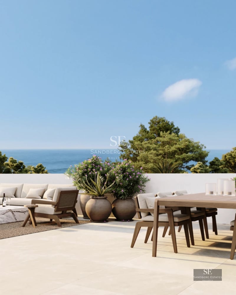 Spacious, bright living room featuring large windows, a modern fireplace, and access to a terrace with a pool. Minimalist and elegant design.