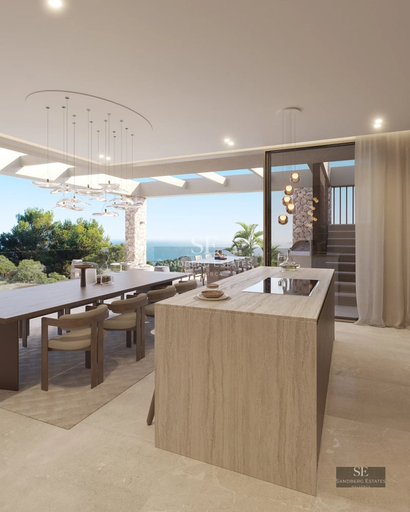 Large infinity pool surrounded by wooden deck and greenery. Modern architecture with large windows and blue sky.