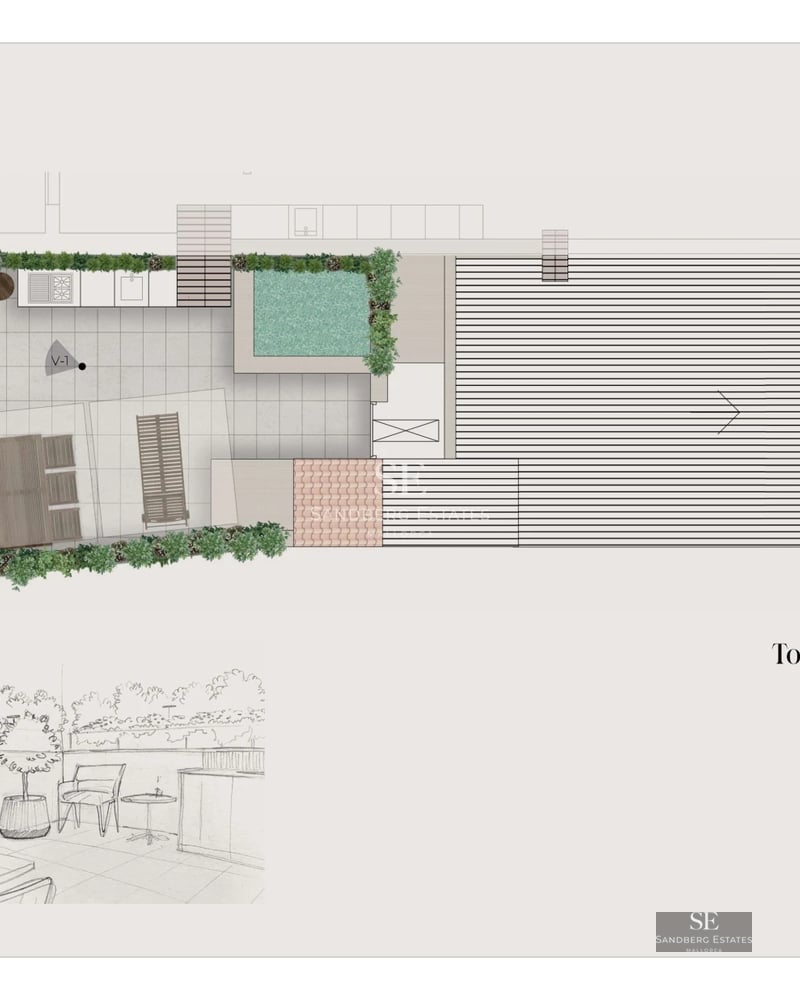 Exterior view of a modern villa with a pool, lush garden, and spacious terraces. Minimalist and elegant architectural design.