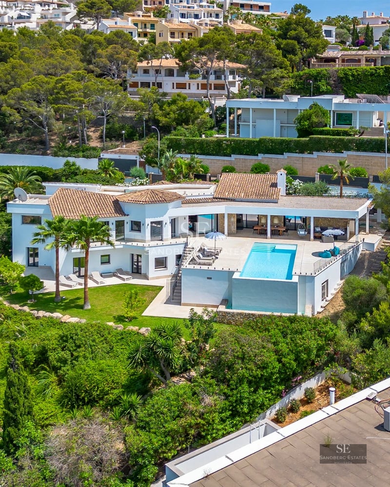Exterior view of a modern house with a pool. Minimalist architecture, large windows, lush gardens, and elegant landscaping design.