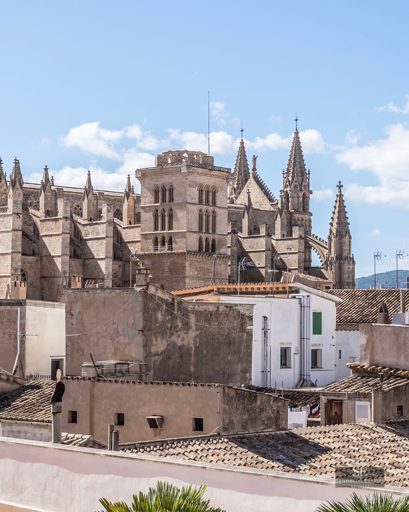 Une grande cathédrale gothique surplombe les toits en terre cuite d'une ville méditerranéenne sous un ciel bleu.