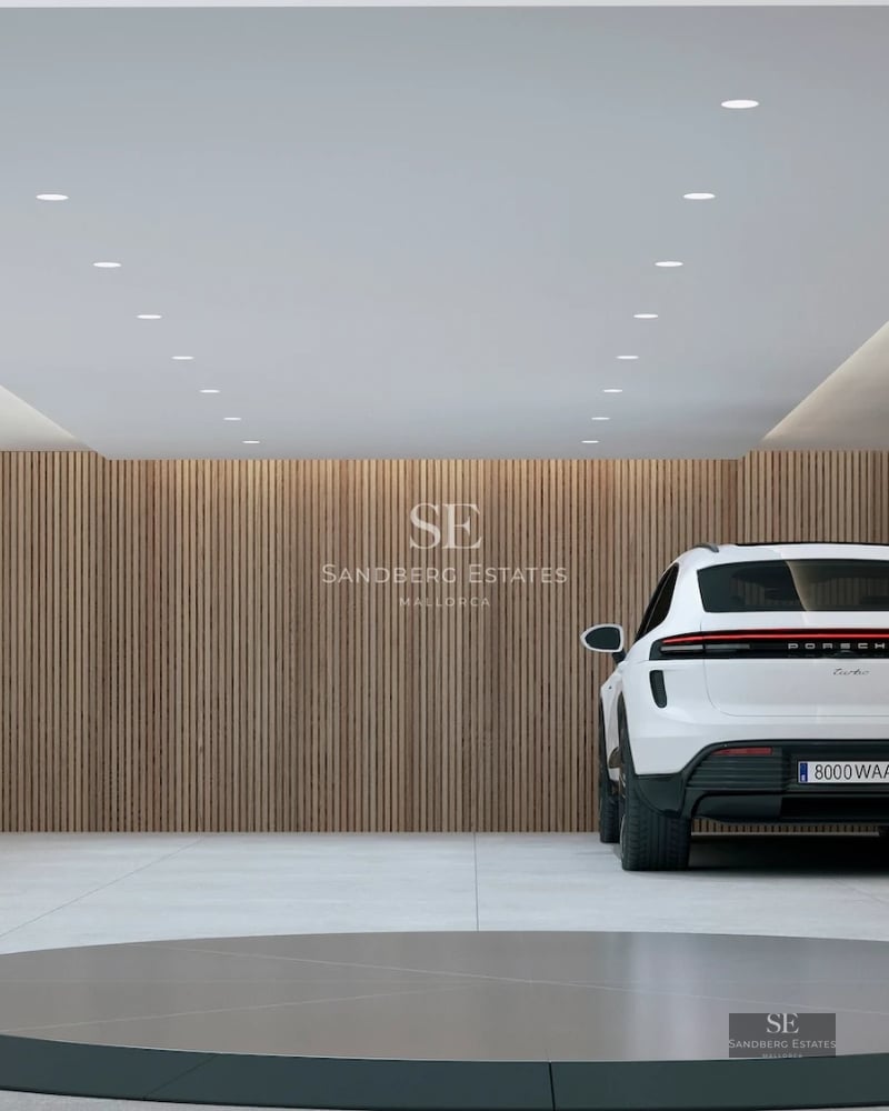 Exterior view of modern villa with infinity pool, lush garden, elegant design and spacious terraces. Warm ambient lighting.