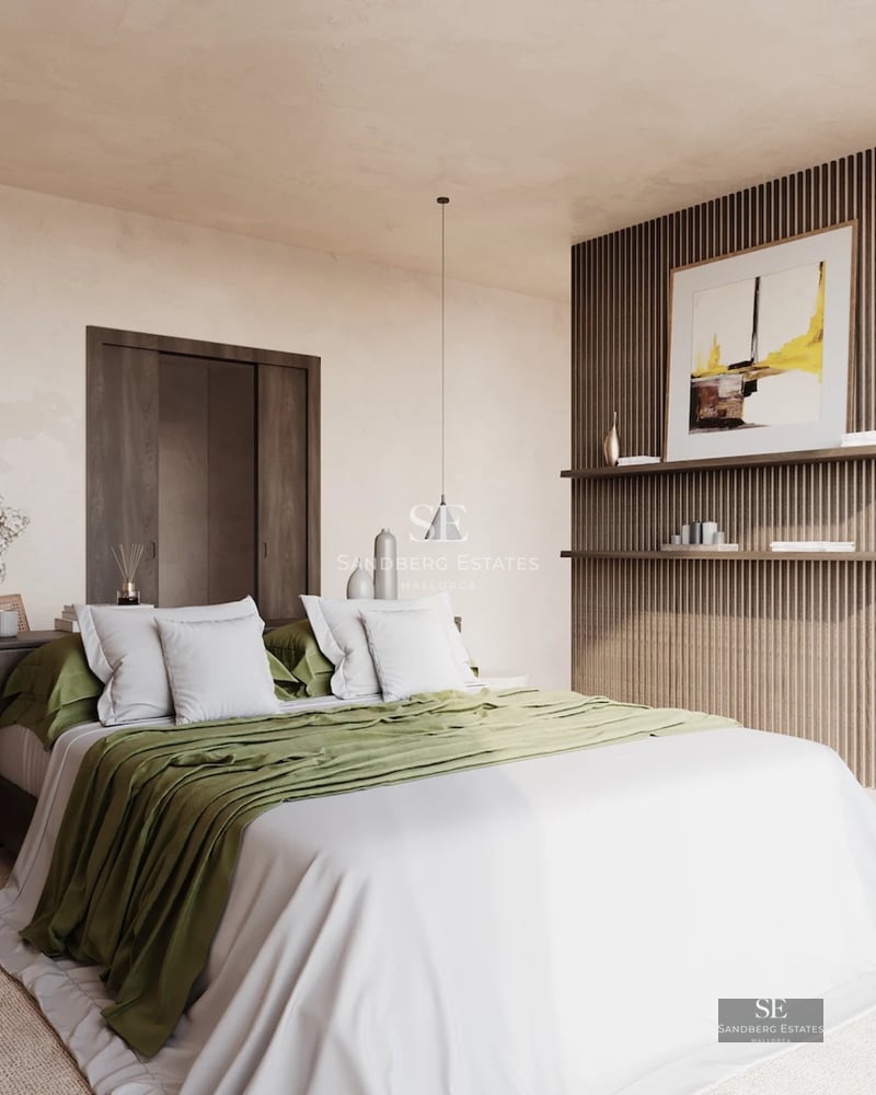 Exterior view of modern villa with reflective pool, large windows, and minimalist architecture. Lush landscaping surrounds property.