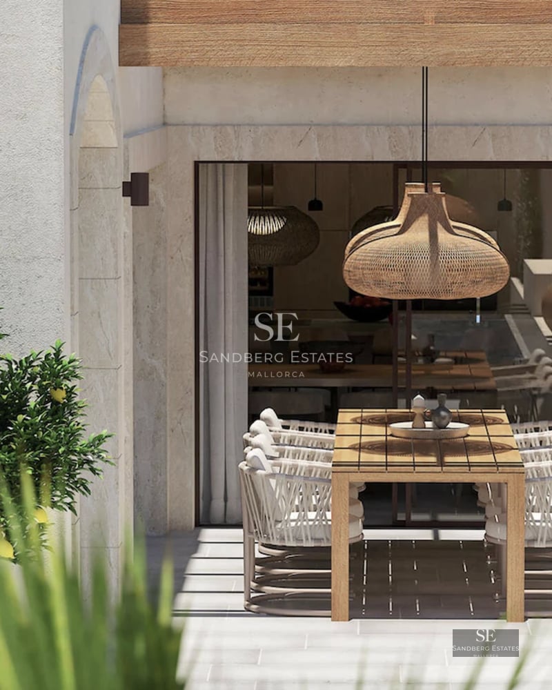 Exterior view of a modern villa with a pool, large windows, and lush garden. Clean and elegant architectural design.