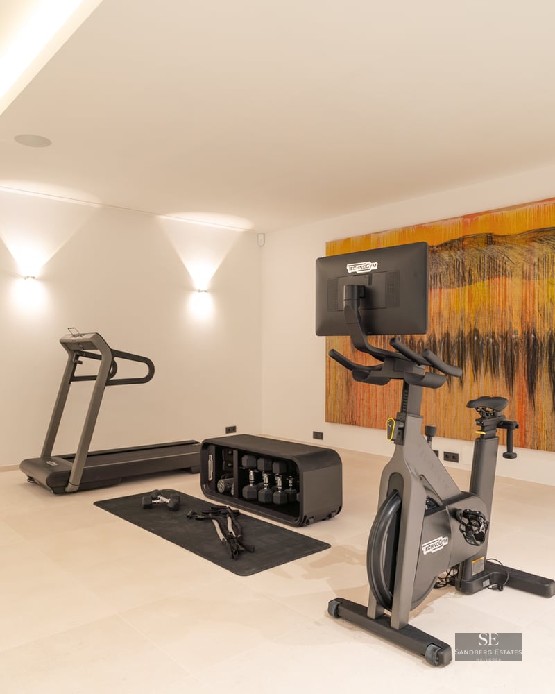 Minimalist home fitness room featuring a treadmill, stationary bike, weights, and a large abstract painting.