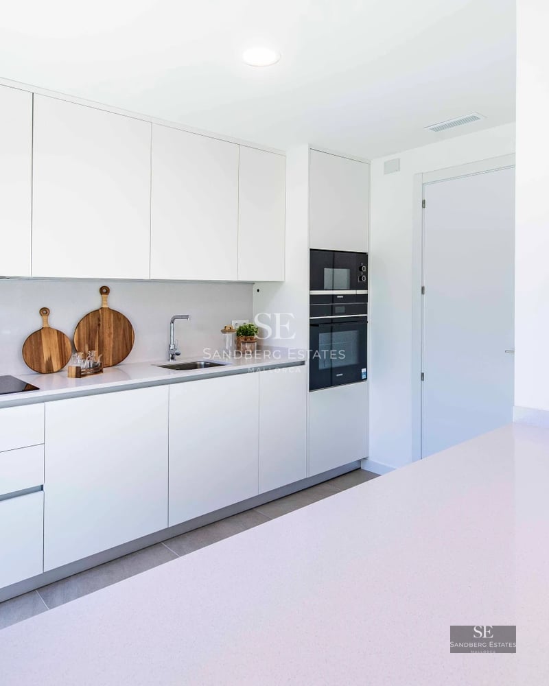 Minimalist facade with expansive windows. Infinity pool reflects the blue sky. Lush garden. Sleek, modern design.