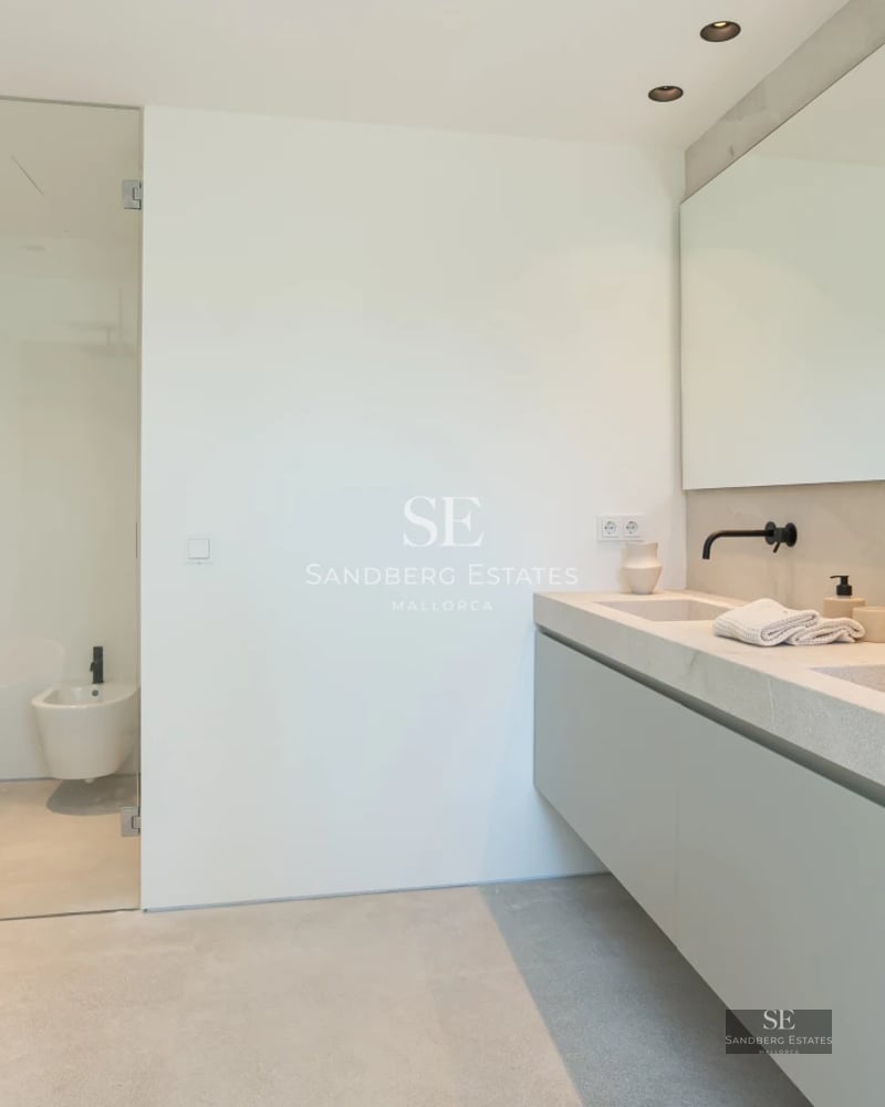 Exterior view of modern villa with infinity pool, spacious terrace, and lush vegetation. Minimalist and elegant architecture.