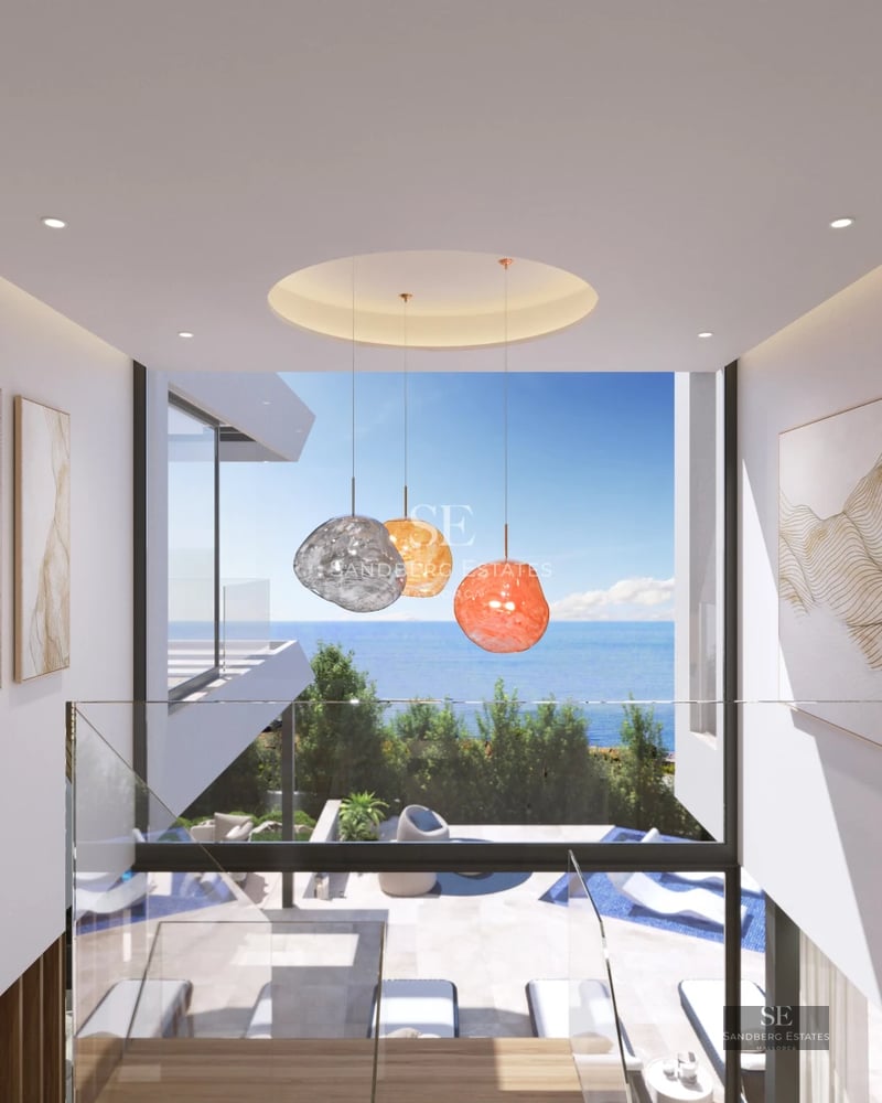 Exterior view of a modern villa featuring an infinity pool, lush garden, and spacious terrace. Minimalist and elegant design.