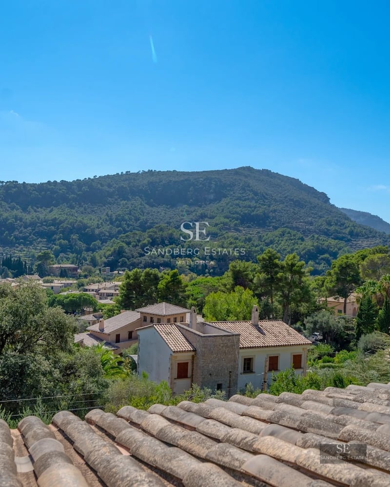 Exterior view of a modern house with a pool, surrounded by lush greenery and large windows.