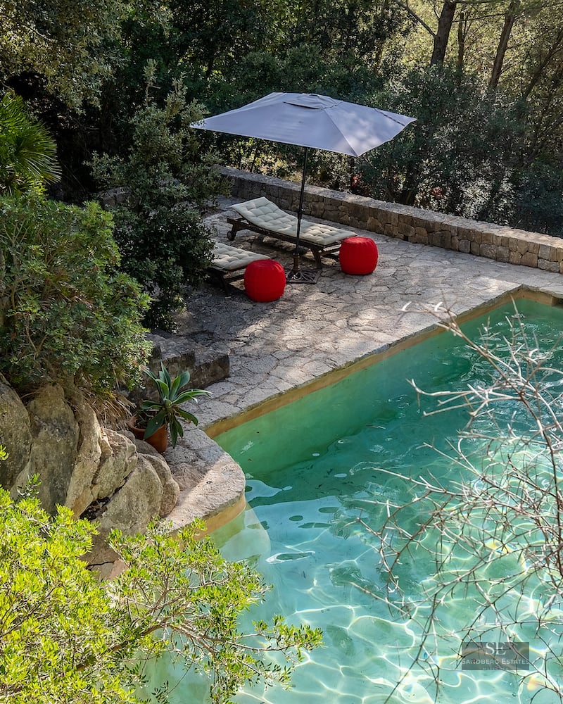Elevated view of a turquoise swimming pool with stone deck, sun loungers, and red poufs nestled in a dense forest.