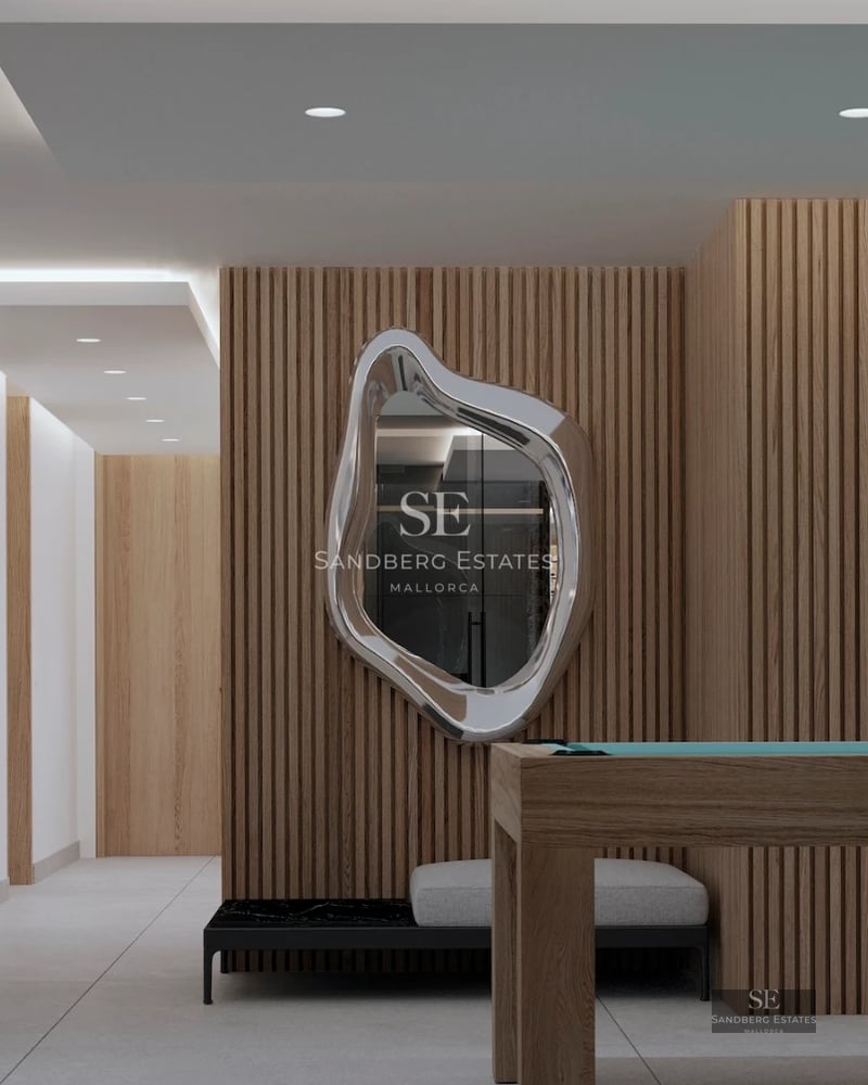 Exterior view of a modern villa with infinity pool, spacious terraces, and lush garden. Minimalist architecture and landscape design.