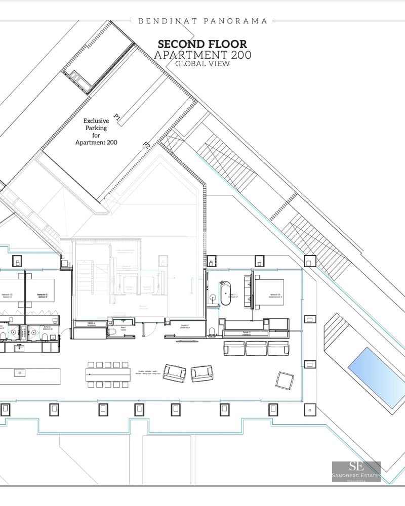 View of infinity pool surrounded by lush vegetation and an elegant modern house with large windows.