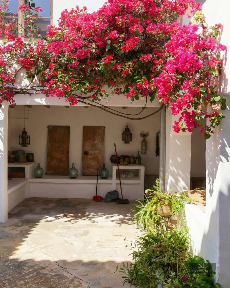 A sun-drenched white courtyard framed by blue shutters, featuring vibrant pink bougainvillea and rustic stone flooring.