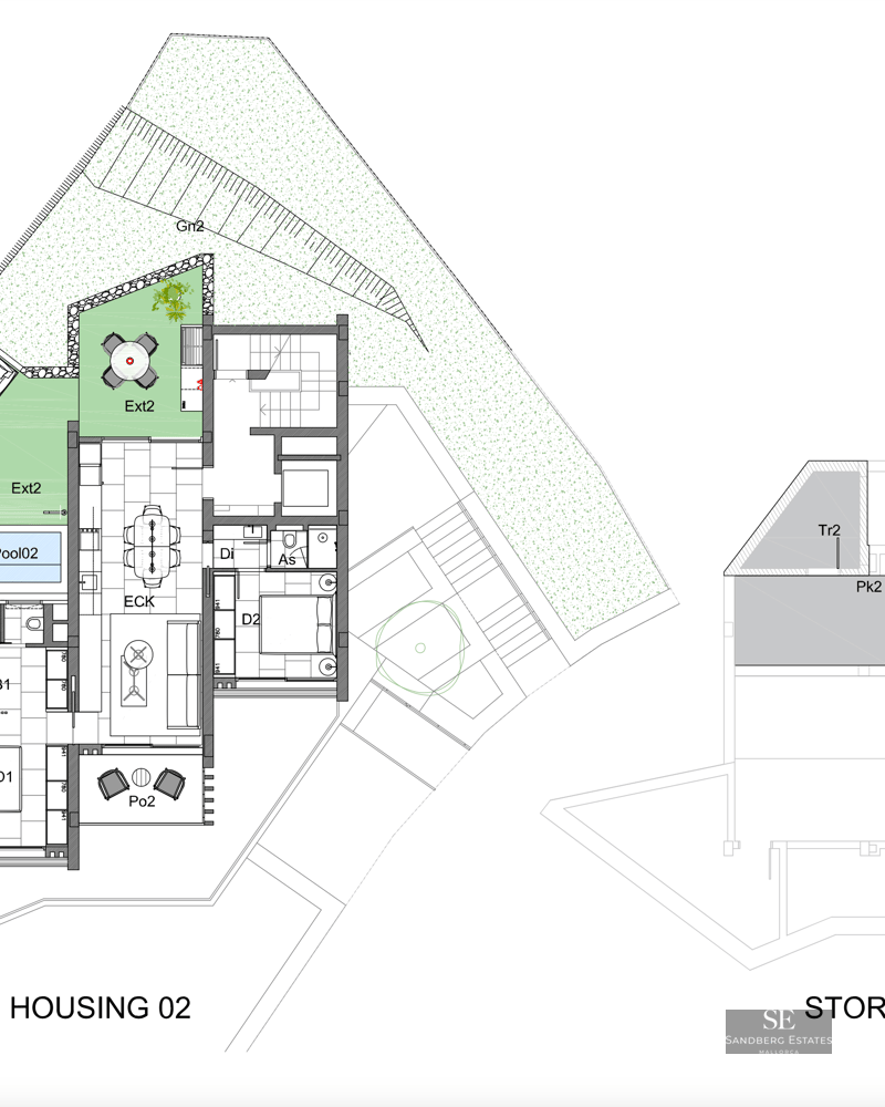 Detailed 2D floor plan showing the layout of a residence with a pool, terrace, and parking areas.