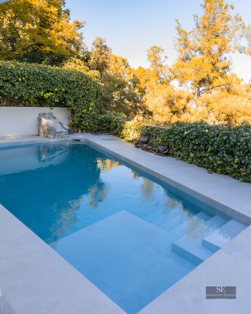 Rectangular turquoise swimming pool with integrated steps, surrounded by light stone decking and green ivy walls.